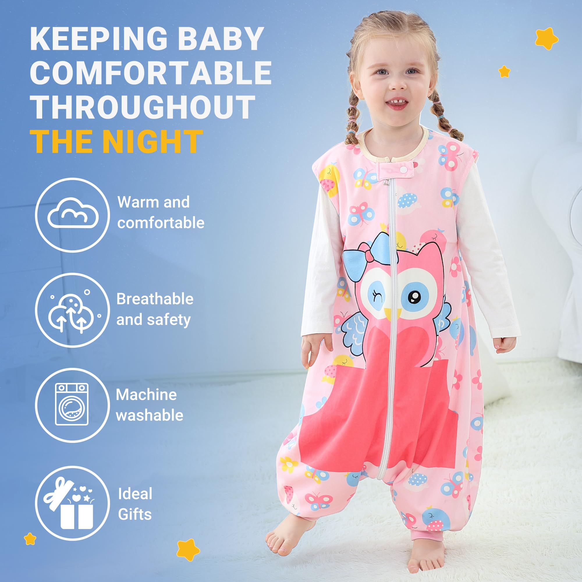 BETTERFUN Pink Owl sleeping sack back view highlighting breathable fabric.