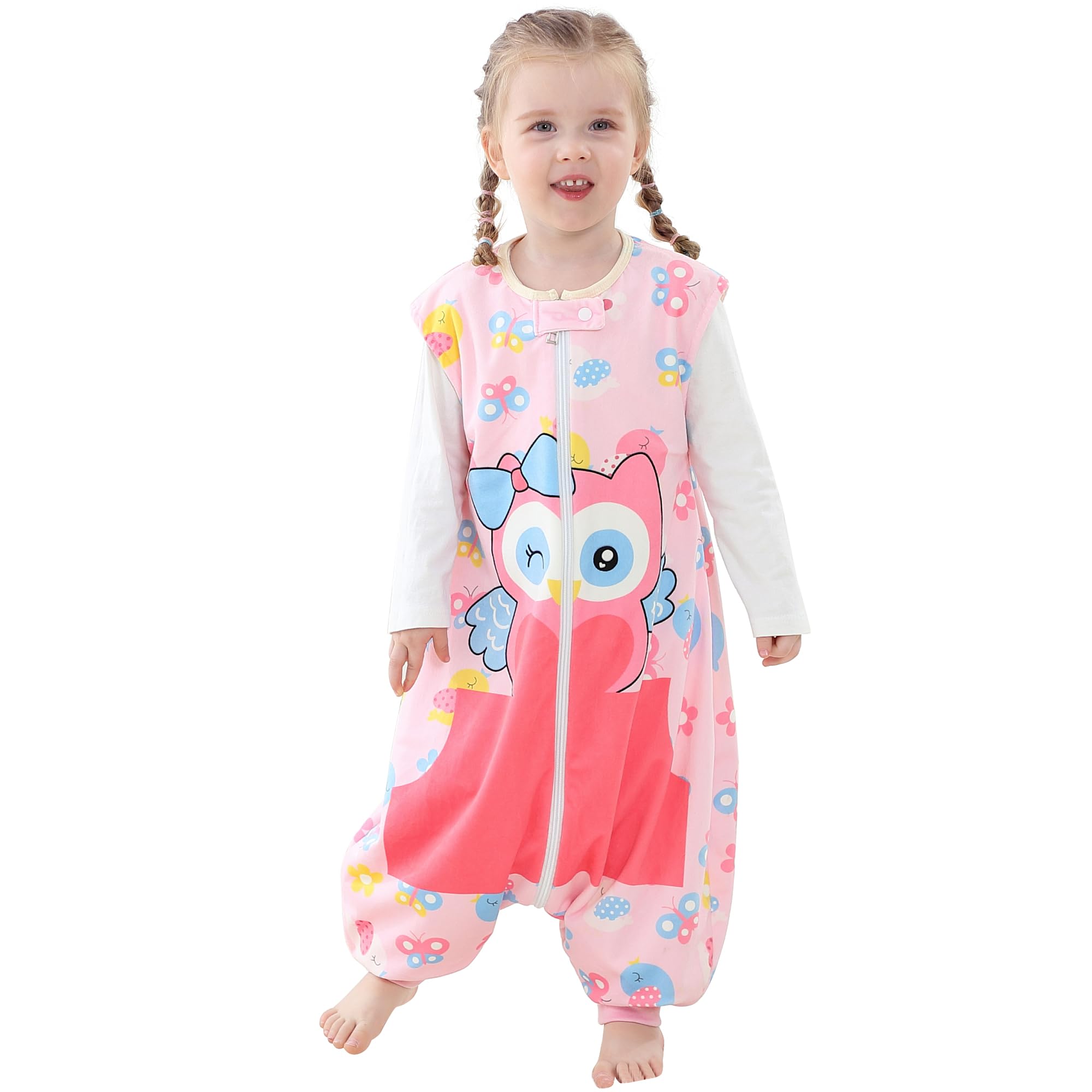 BETTERFUN Pink Owl sleeping sack front view showing feet warmth for toddler comfort.