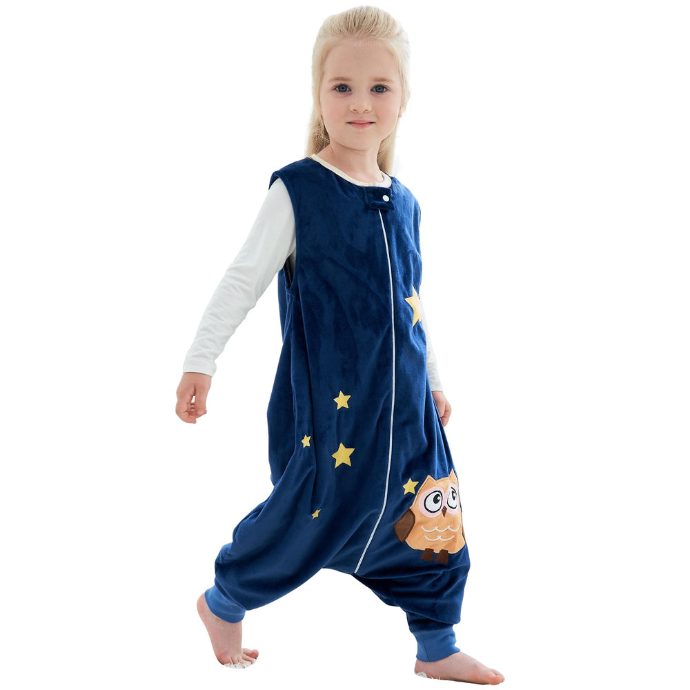 BETTERFUN Toddler Sleeping Sack with Feet front view in dark blue owl pattern, cozy for naps