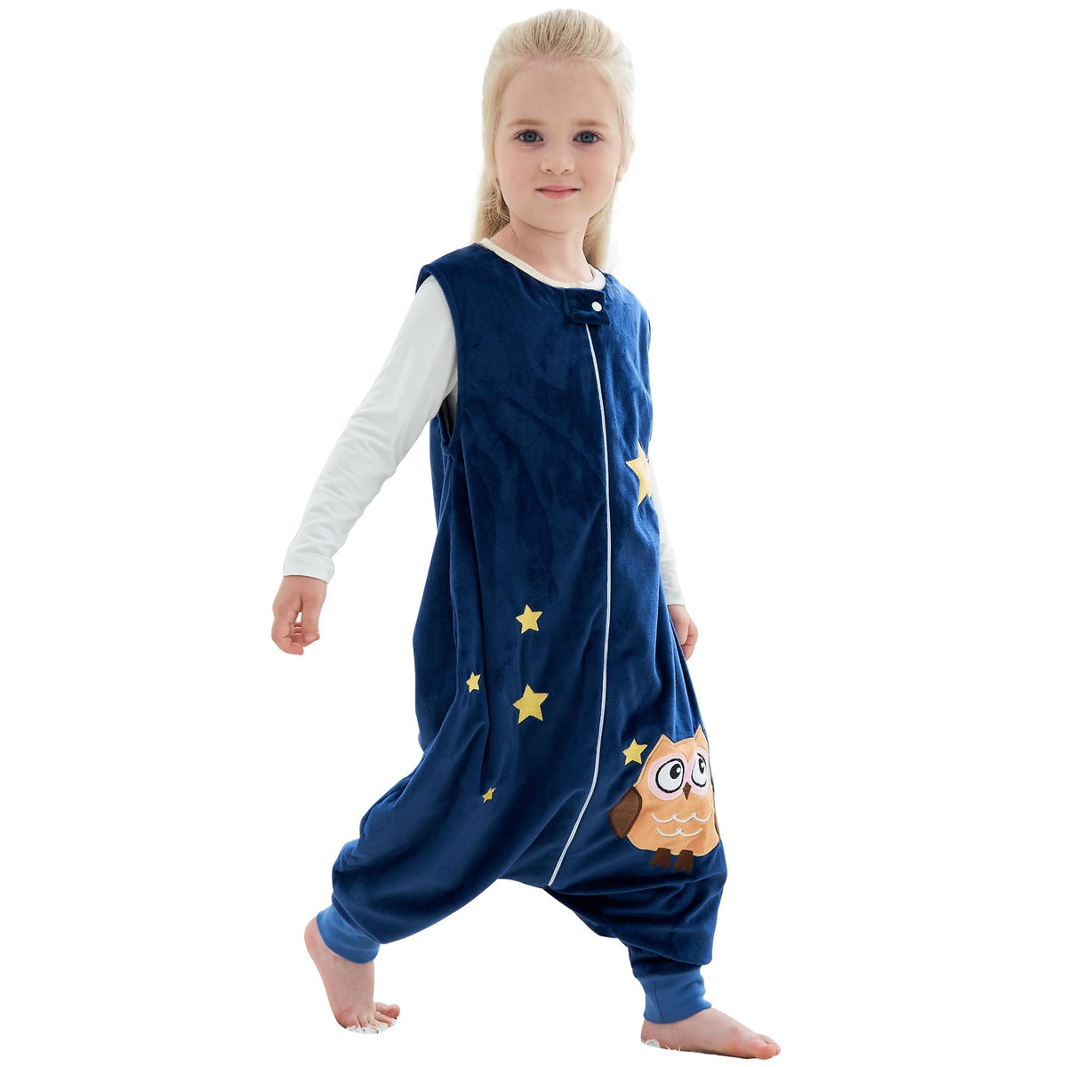 BETTERFUN Toddler Sleeping Sack with Feet front view in dark blue owl pattern, cozy for naps