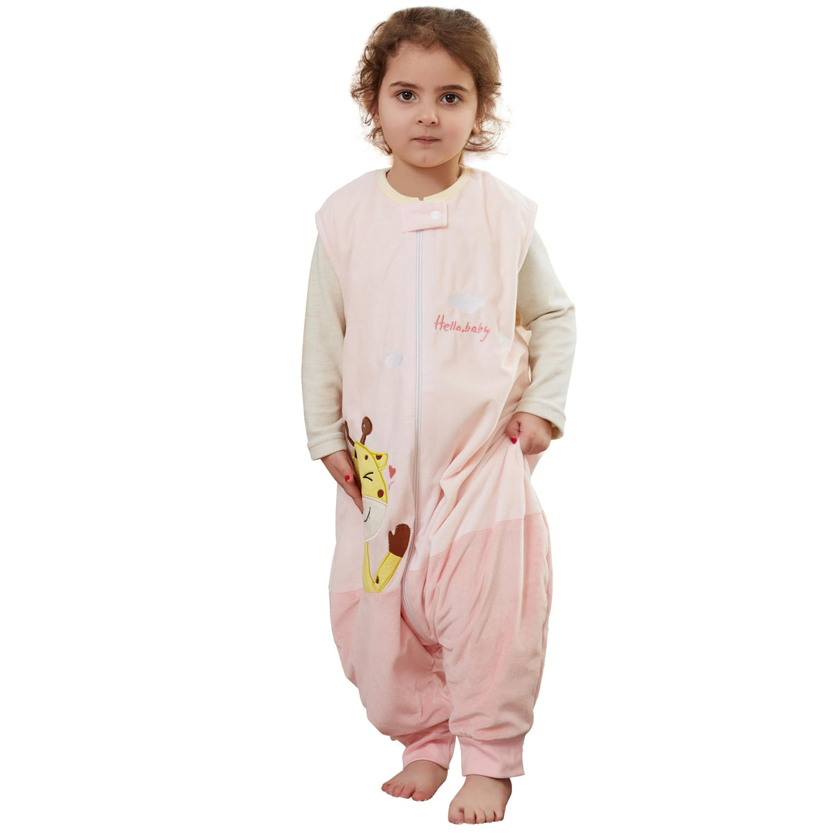 BETTERFUN toddler sleeping sack with feet in pink giraffe pattern offering cozy indoor warmth.