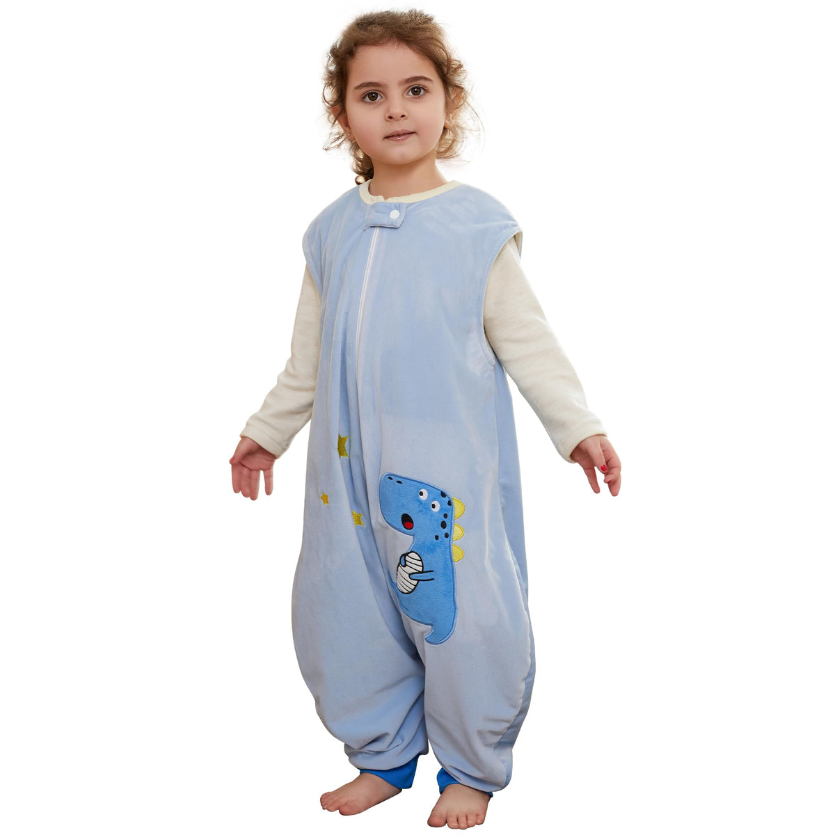 BETTERFUN toddler sleeping sack with legs in blue dinosaur design supports safe crawling.