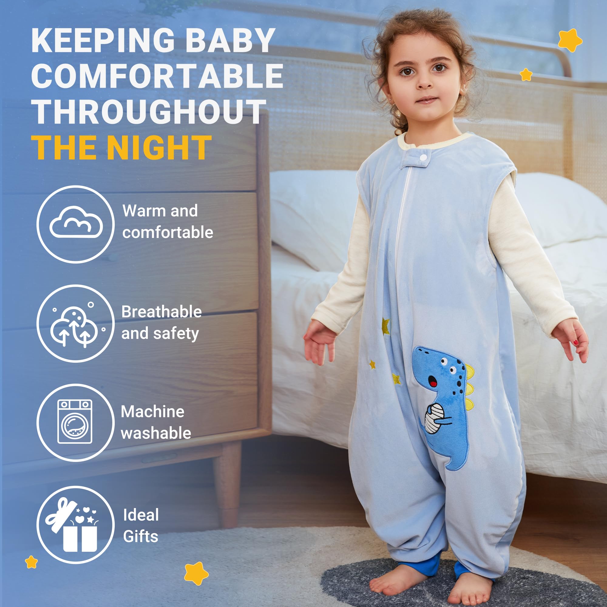 BETTERFUN sleeping sack with legs in blue dinosaur design for cozy indoor wear.