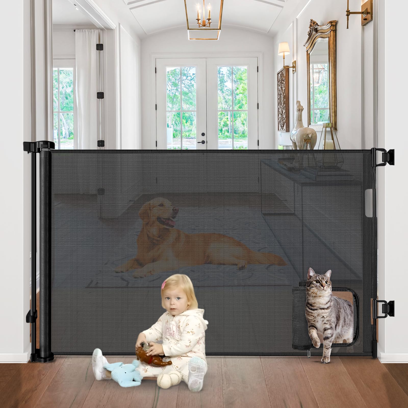 BETERTEK retractable gate with cat door in action, keeping pets separated and safe.