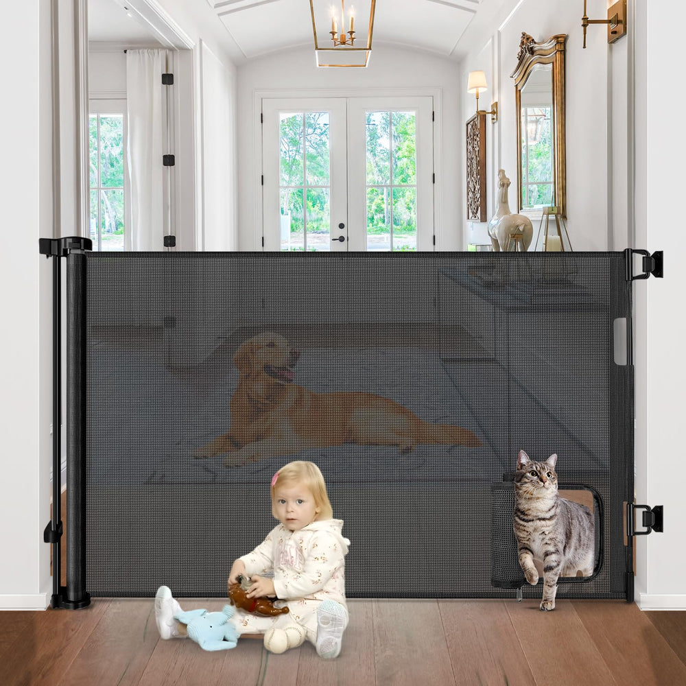 BETERTEK retractable gate with cat door in action, keeping pets separated and safe.