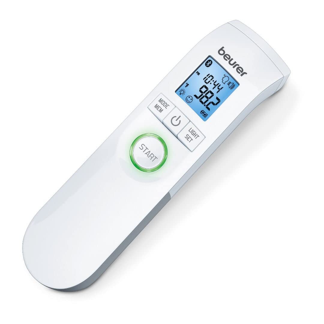 Beurer FT95 forehead temperature reading with backlit display.