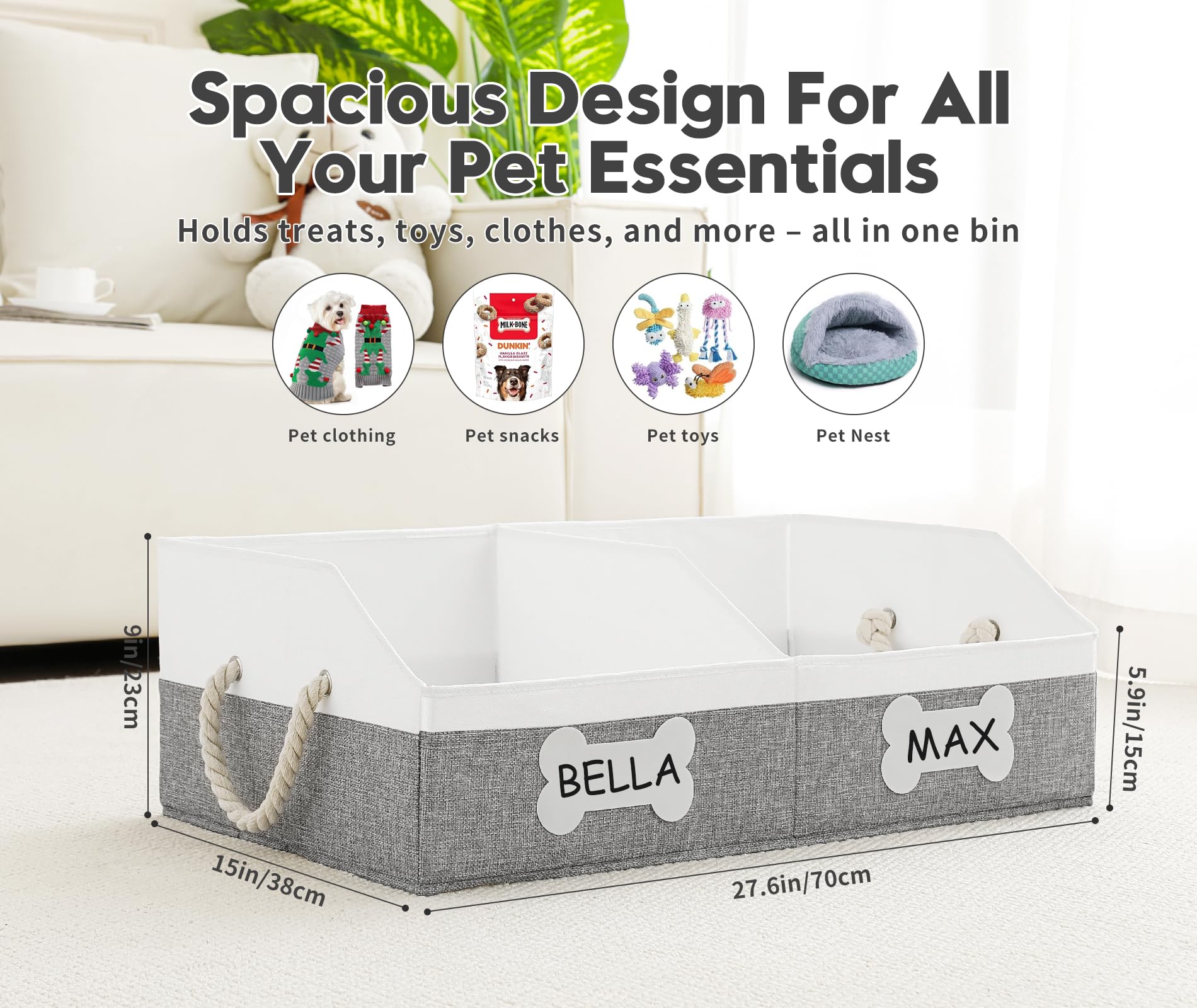 Beveetio dog storage basket with removable divider, easy labeling of pet supplies.