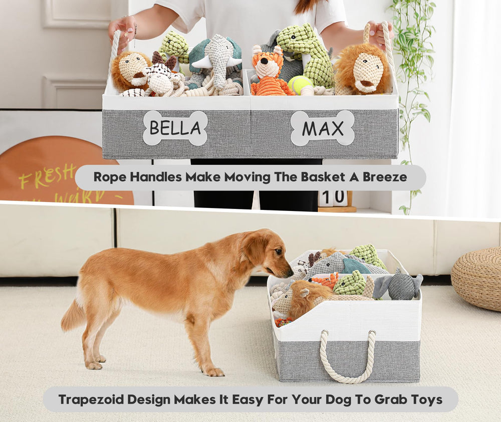 Beveetio dog toy bin with rope handles, portable and easy to move between rooms.