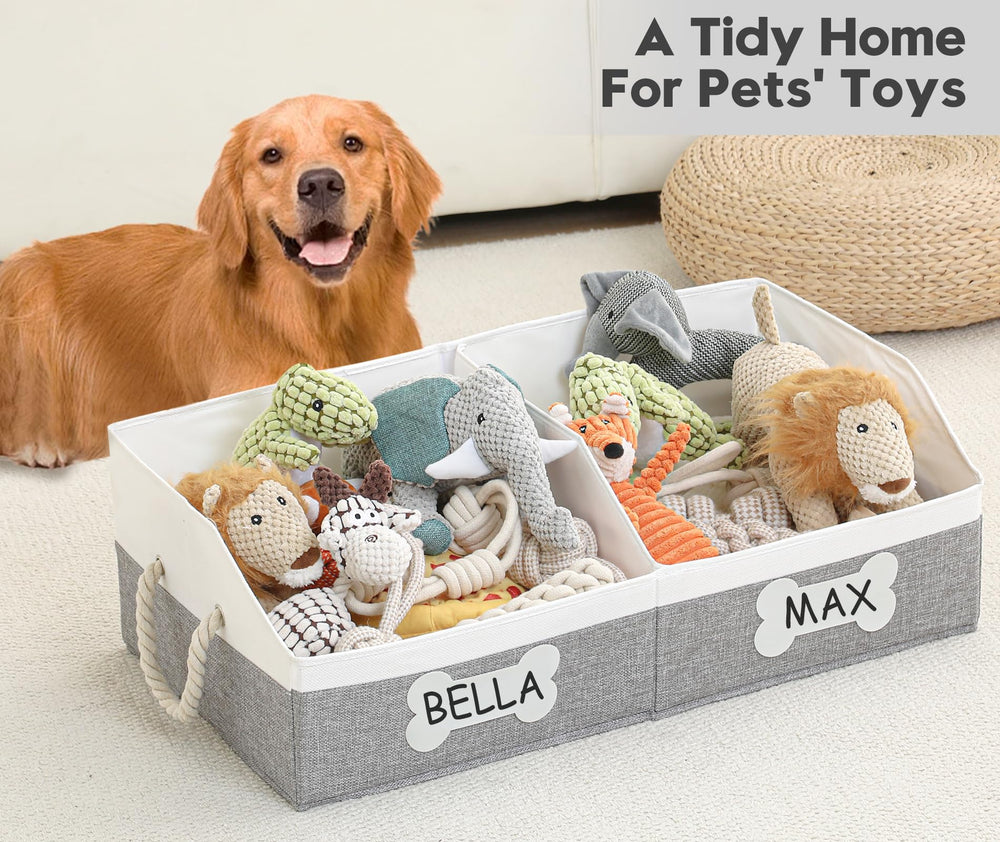 Beveetio dog toy basket side view highlighting trapezoid design that keeps items secure.