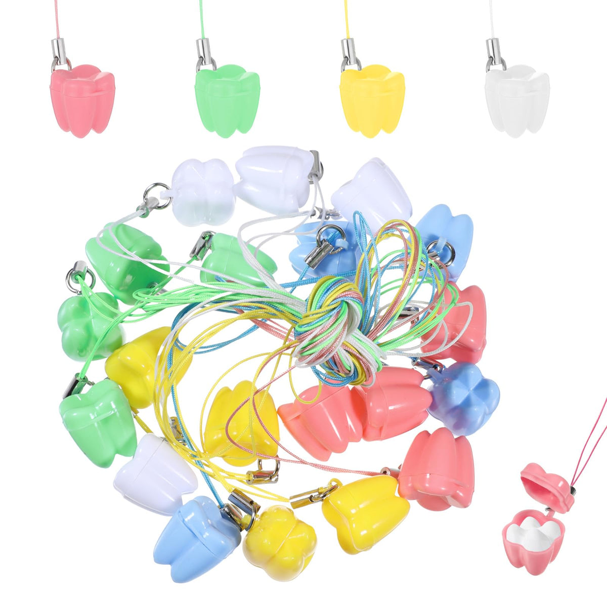 Bewudy tooth fairy holder necklaces set in vibrant colors for kids' lost teeth storage.