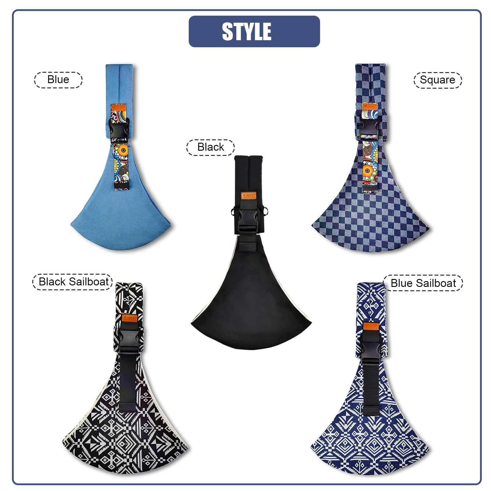 Beyoik blue sailboat sling shows front buckle for quick, secure wearing.