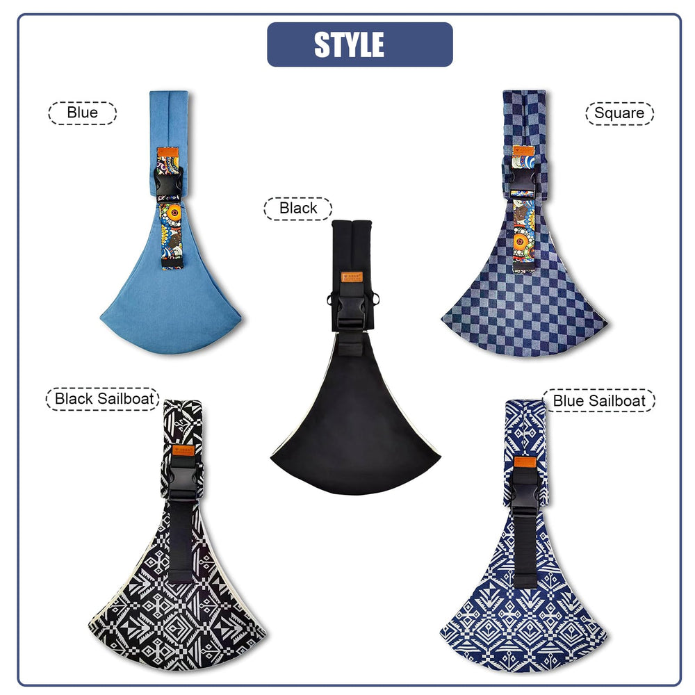 Beyoik blue sailboat sling shows front buckle for quick, secure wearing.