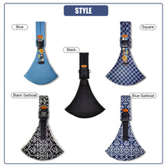 Beyoik blue sailboat sling shows front buckle for quick, secure wearing.