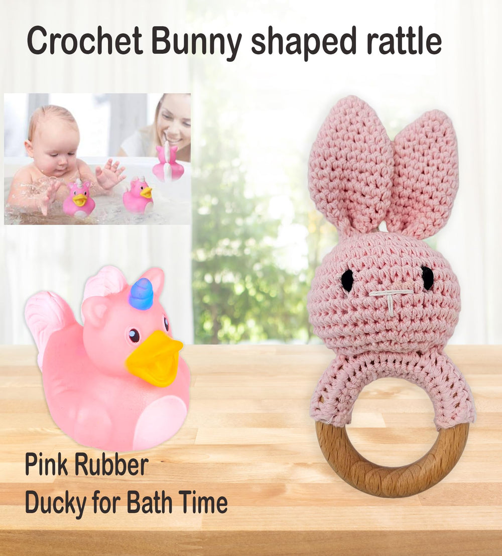 Beyond The Box crochet rattle pink, a gentle, stimulating toy for tiny hands