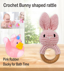 Beyond The Box crochet rattle pink, a gentle, stimulating toy for tiny hands