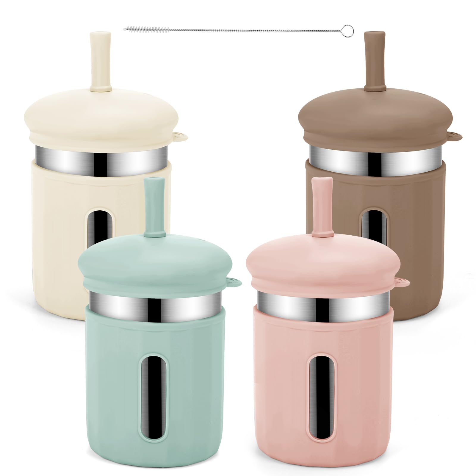 Beyoung kids cups with straws and lids in beige for safe, spill-proof sipping.