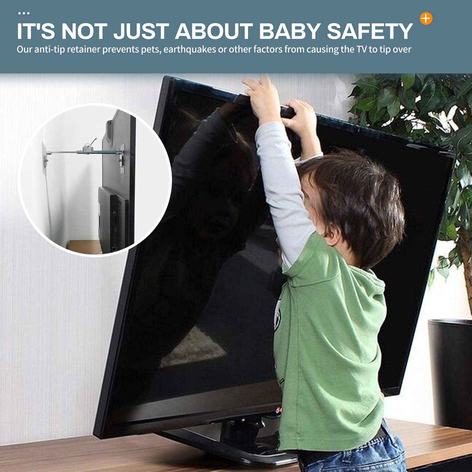 Bezant adjustable-length TV straps adapt to different distances from the wall.