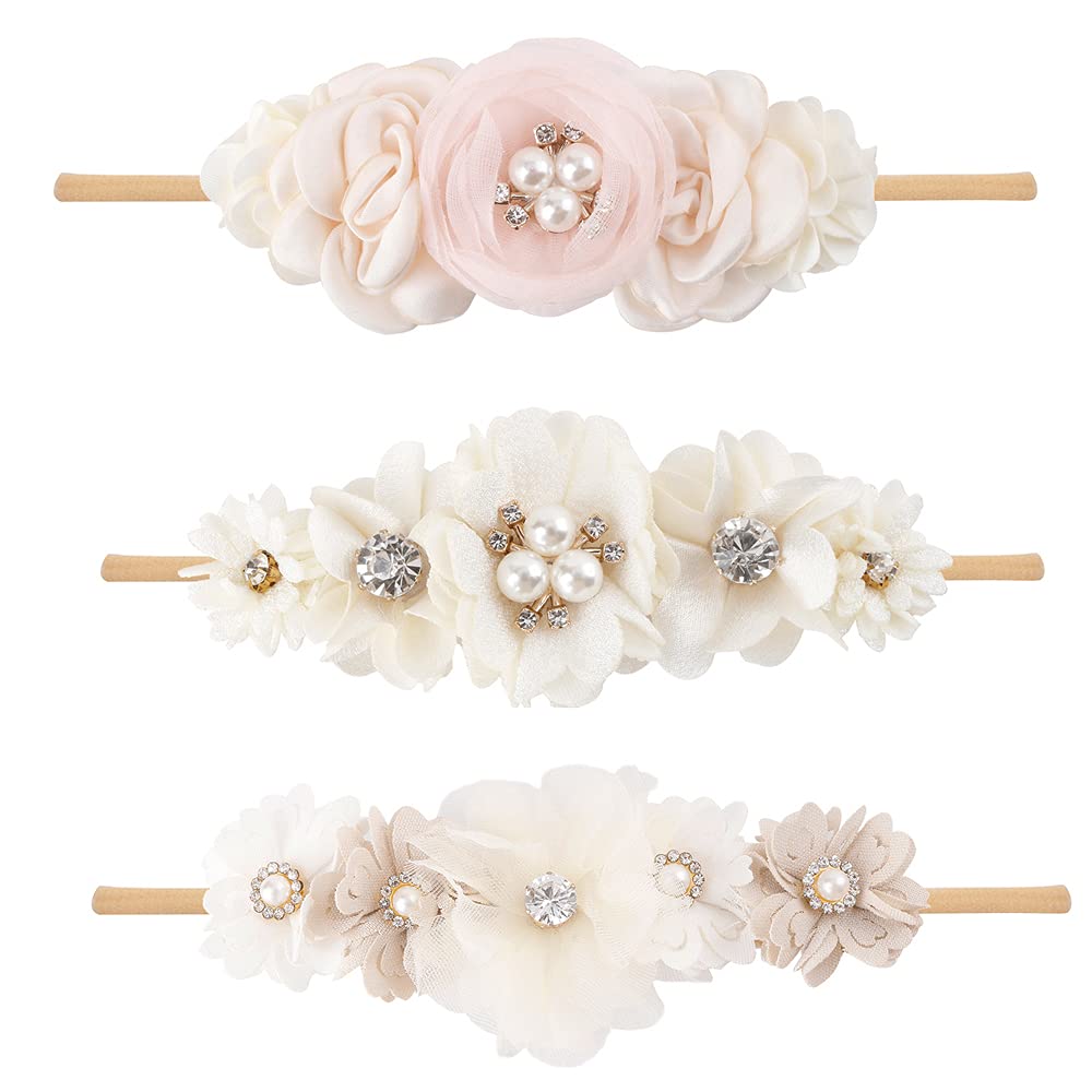 BFNAAgirl 3-piece floral headbands set for babies, soft and adjustable for comfort.