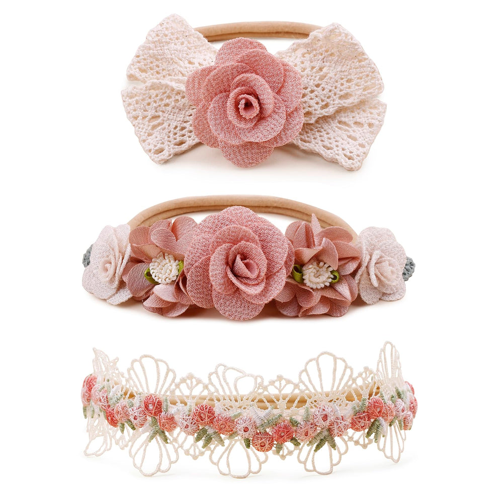 BFNAAgirl 3pc floral headband set with soft nylon band for gentle wear.