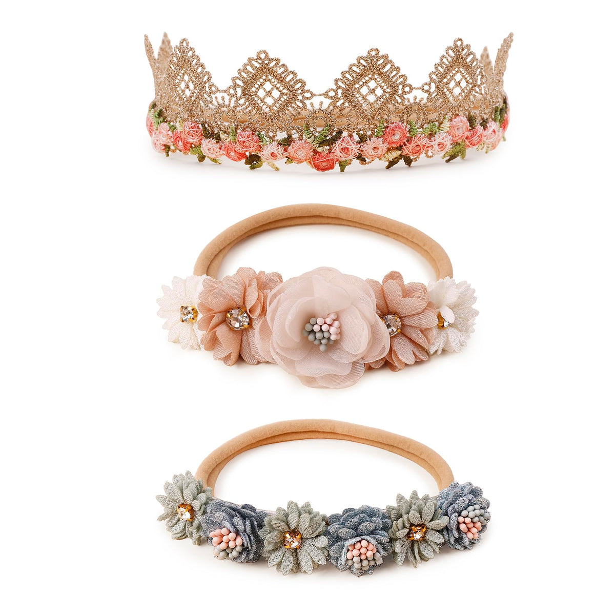 BFNAAgirl floral headbands trio for baby girls with skin-friendly materials.