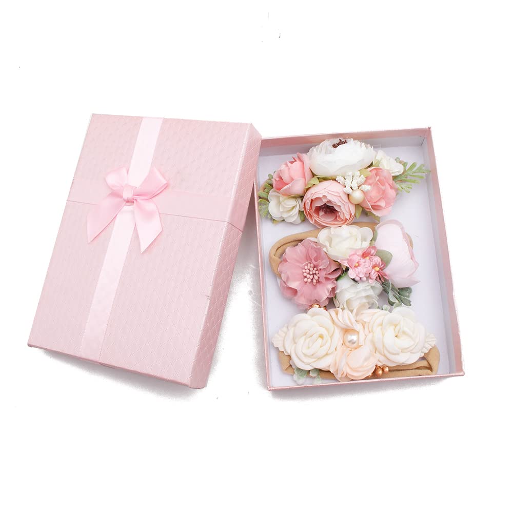 BFNAAgirl baby headband with pearl accents and floral design, gentle stretch for kids