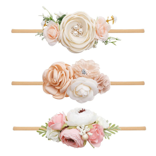 BFNAAgirl flower headband pink with rhinestones, soft comfort for delicate baby hair