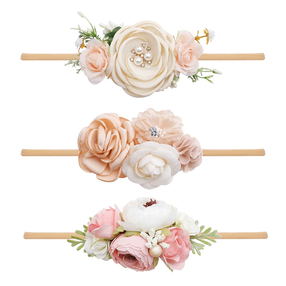 BFNAAgirl flower headband pink with rhinestones, soft comfort for delicate baby hair