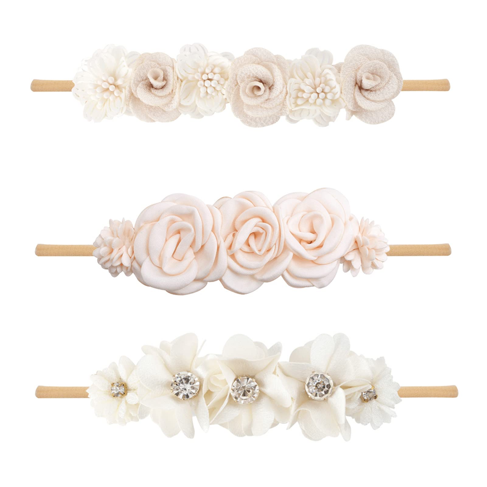 BFNAAgirl floral headbands three pack with nylon bands and rhinestones for gentle wear.