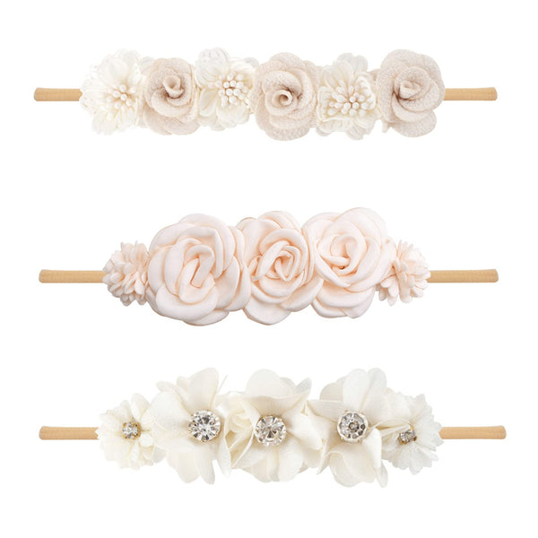 BFNAAgirl floral headbands three pack with nylon bands and rhinestones for gentle wear.