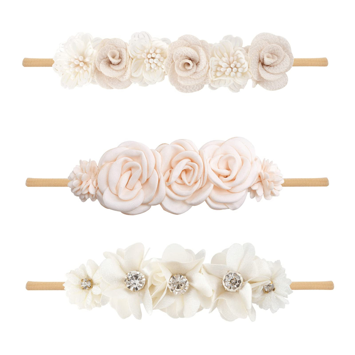 BFNAAgirl floral headbands three pack with nylon bands and rhinestones for gentle wear.