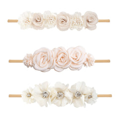 BFNAAgirl floral headbands three pack with nylon bands and rhinestones for gentle wear.