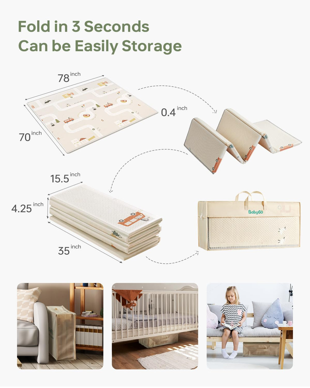 BG-BABYGO large 70x78 mat provides ample space for active play and naps.