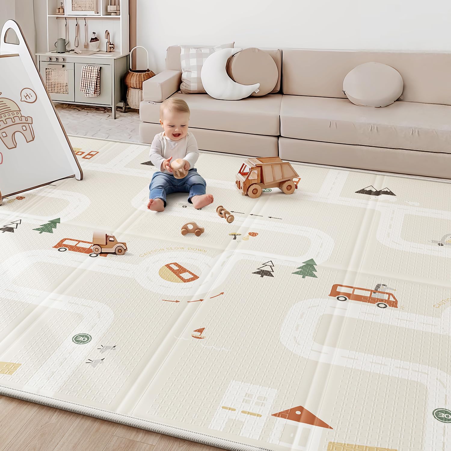BG-BABYGO track pattern play mat offers imaginative car play on a safe surface.