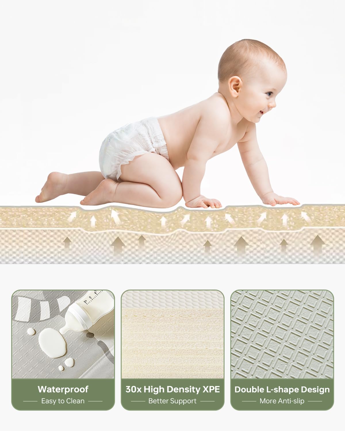 BG-BABYGO non-toxic XPE foam for a safe, durable crawling area.
