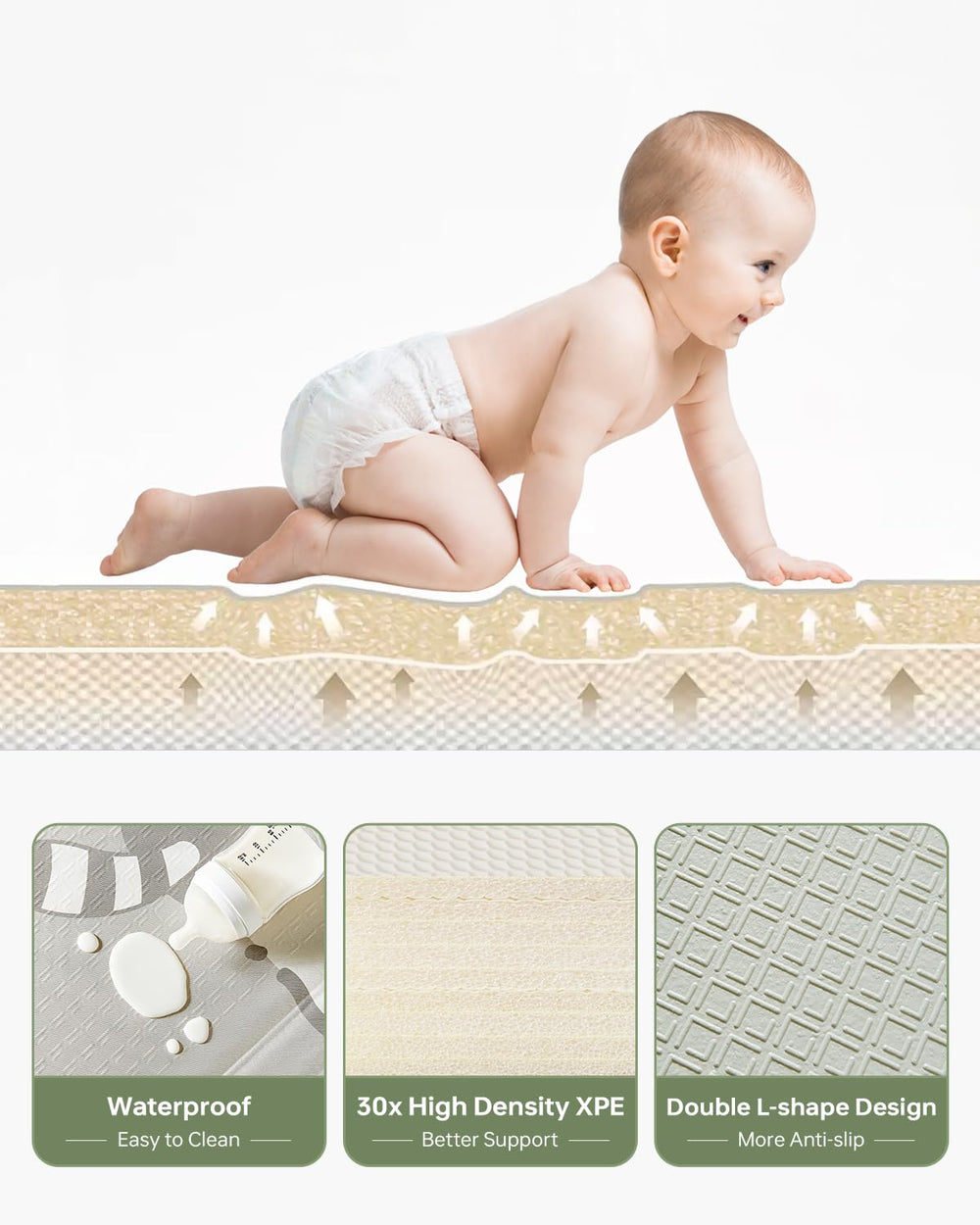 BG-BABYGO non-toxic XPE foam for a safe, durable crawling area.