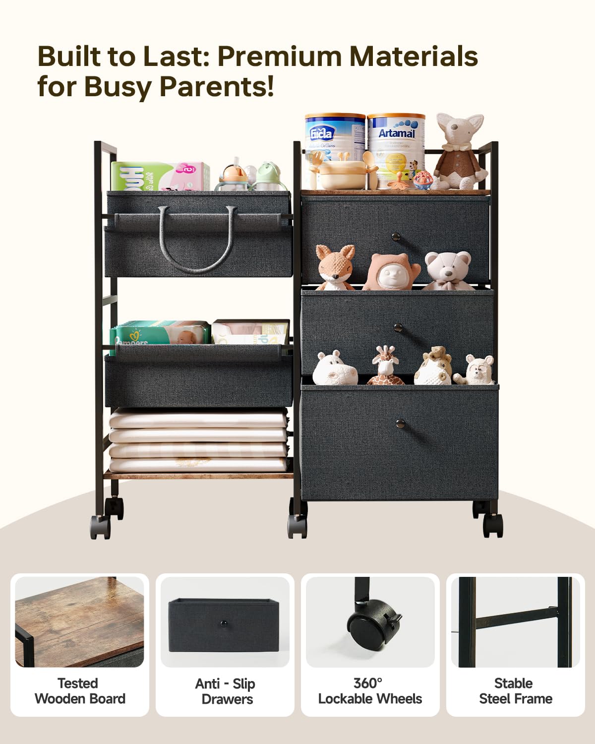 BG-BABYGO top surface holds bottles, tissues, or toys for quick access.