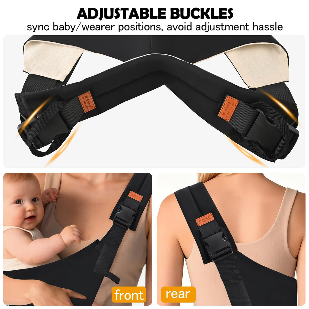 Biabyio baby sling showing front and back buckles for secure use.