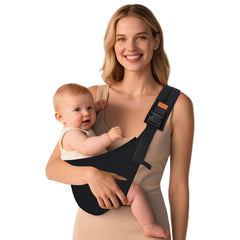 Biabyio baby sling worn over the shoulder for easy hands-free carry.