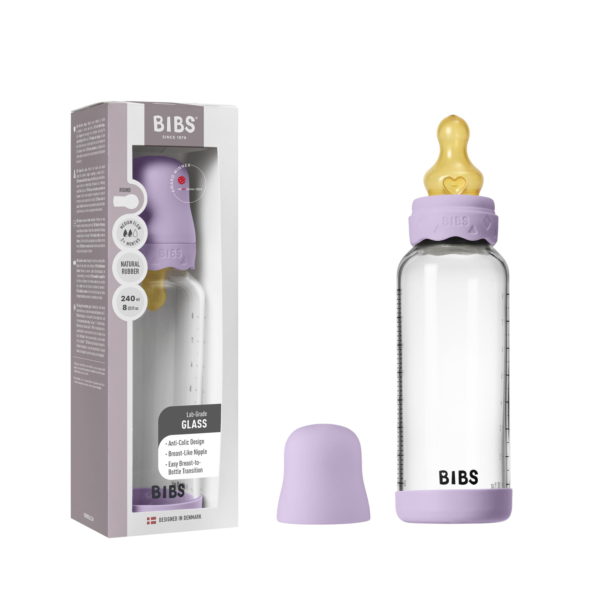 BIBS Boheme glass bottle with Violet Sky finish and anti-colic nipple.