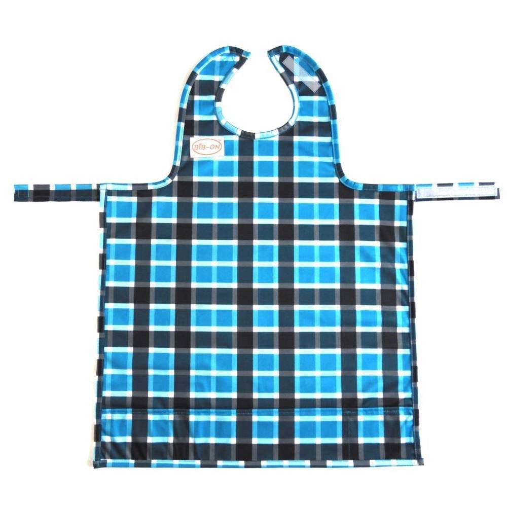 BIB-ON full-coverage bib and apron in blue plaid protects clothing during meals.