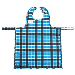 BIB-ON full-coverage bib and apron in blue plaid protects clothing during meals.