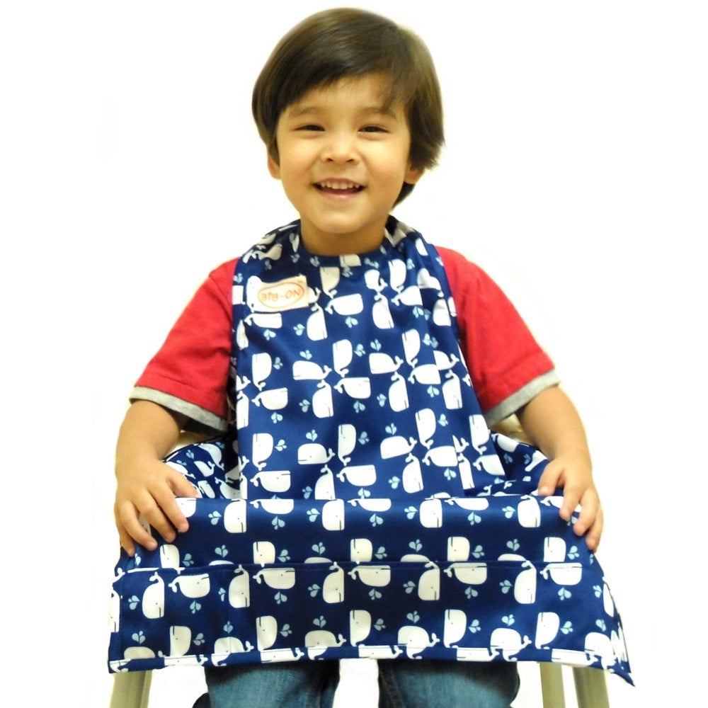 Bib-On full-coverage bib-apron with lap coverage for mess control