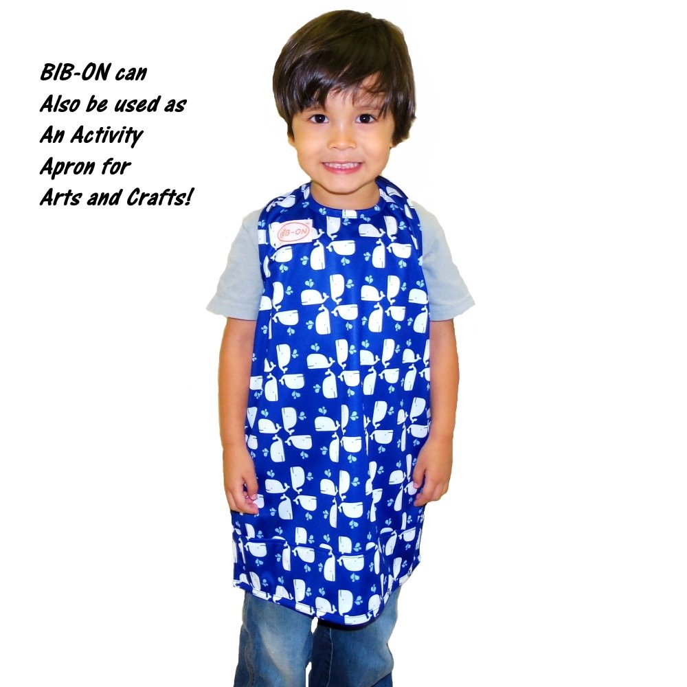 Bib-On machine-washable bib-apron for quick cleanup after meals