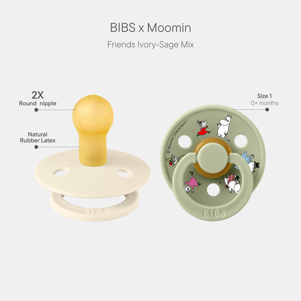 BIBS Colour Moomins Sage pacifier two-pack for newborn comfort.