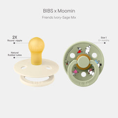 BIBS Colour Moomins Sage pacifier two-pack for newborn comfort.