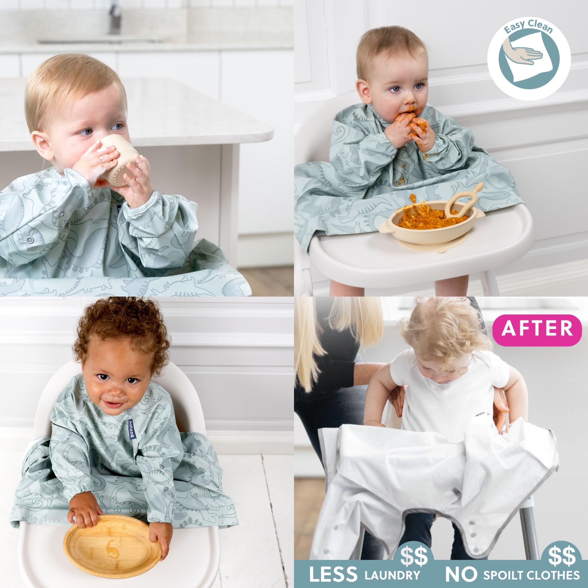 Bibado Coverall Bib material is machine-washable at 40°C for easy care.