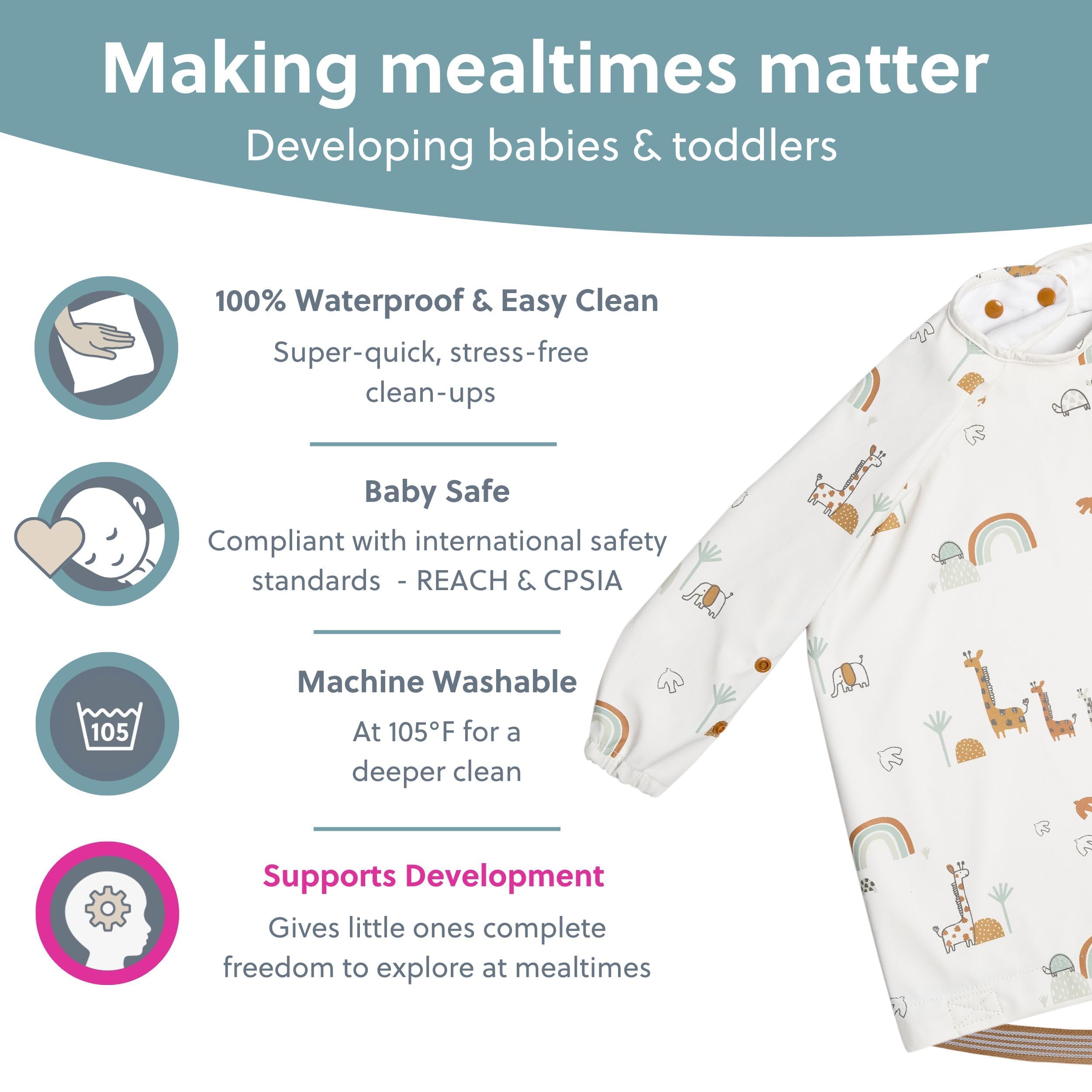 BIBaDO coverall bib with easy wipe-clean surface after meals.