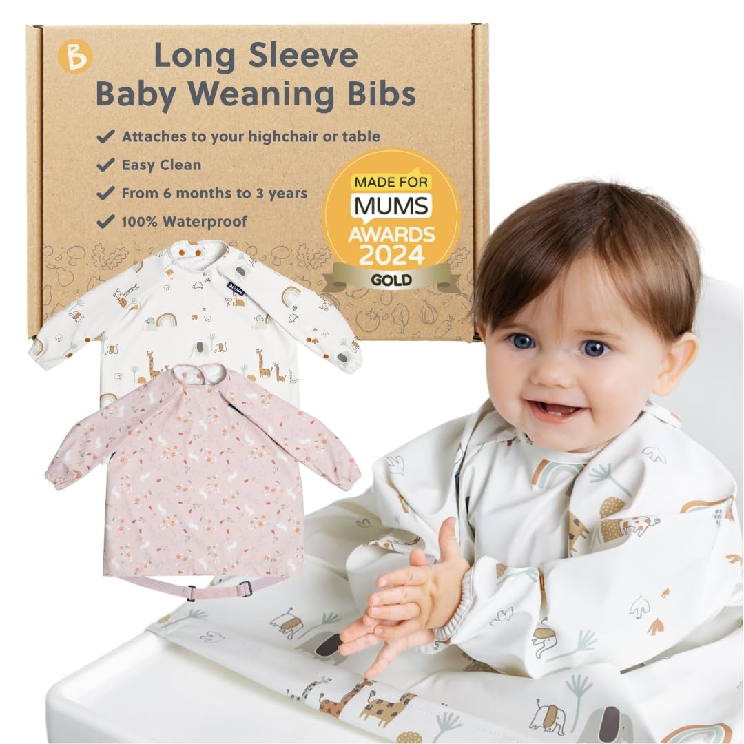Bibado coverall bib fits securely on a highchair for mess-free meals.