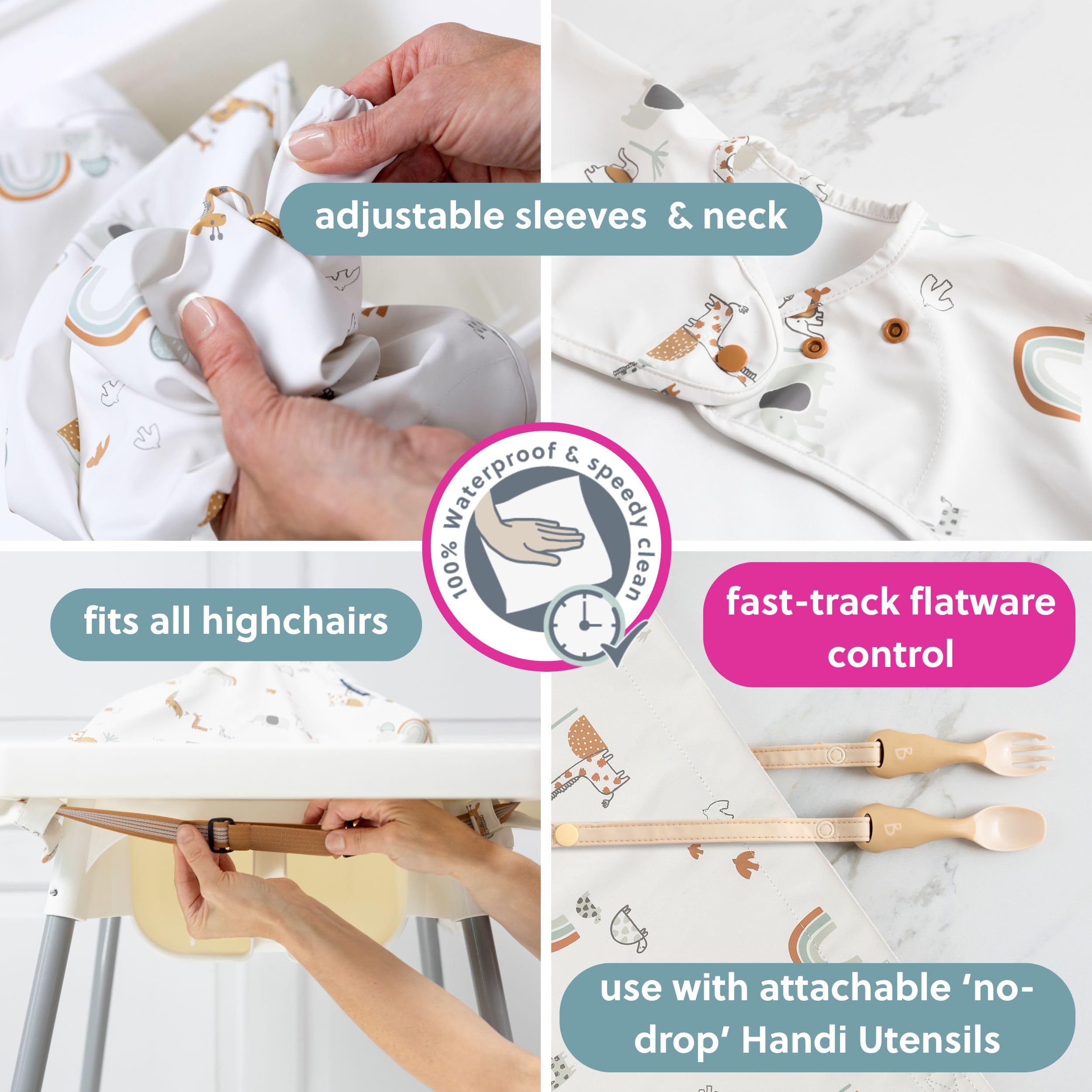 Bibado coverall bib is machine washable at 40C for easy care.