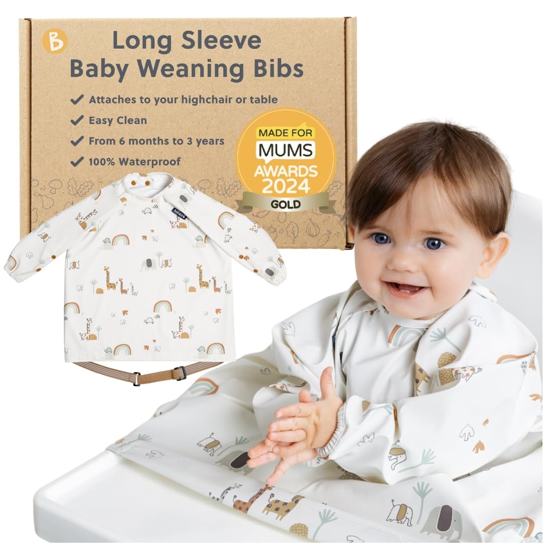 BIBaDO coverall bib on a baby at a highchair keeps mess contained.